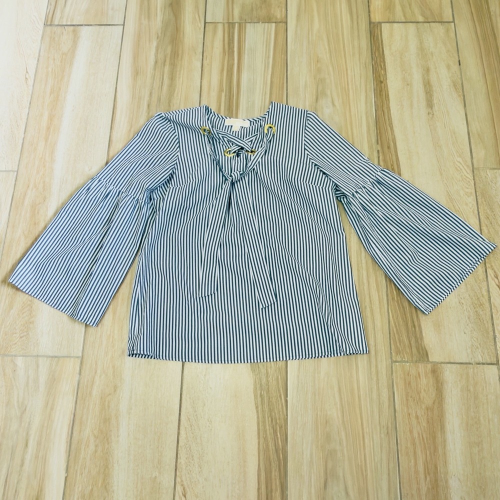 Michael Kors Blue/White Nautical Stripe Tie Front Blouse Bell Sleeve Size Medium